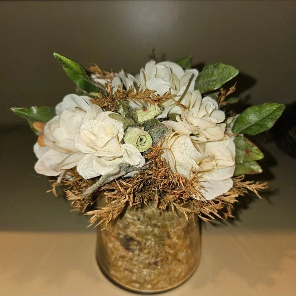 Floral Arrangement with White Roses and Leaves in Glass Vase